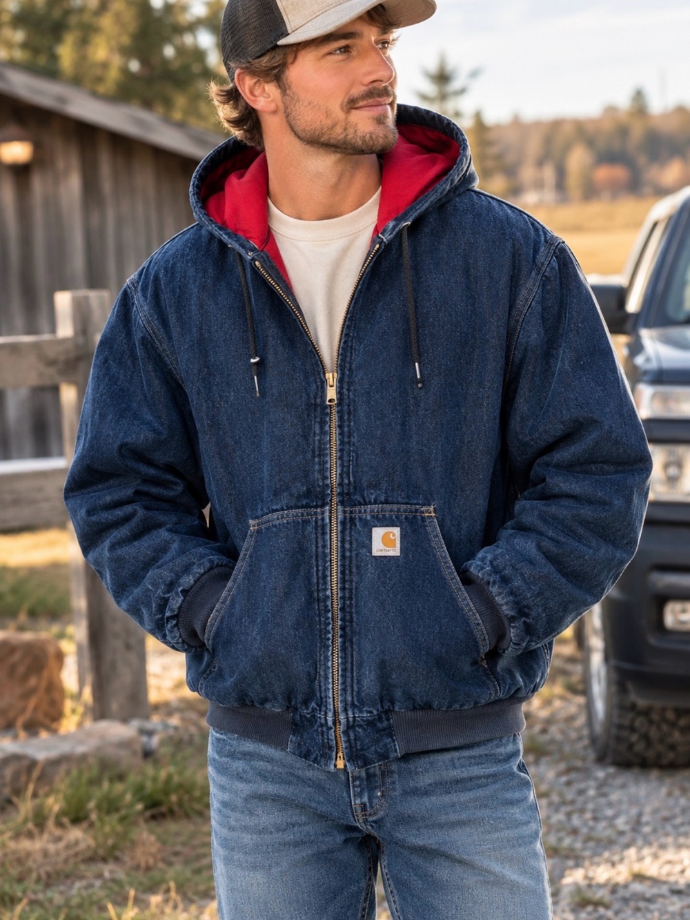 Vintage 70’s/80’s Carhartt Men's Denim Hooded Work Jacket with Red Lining